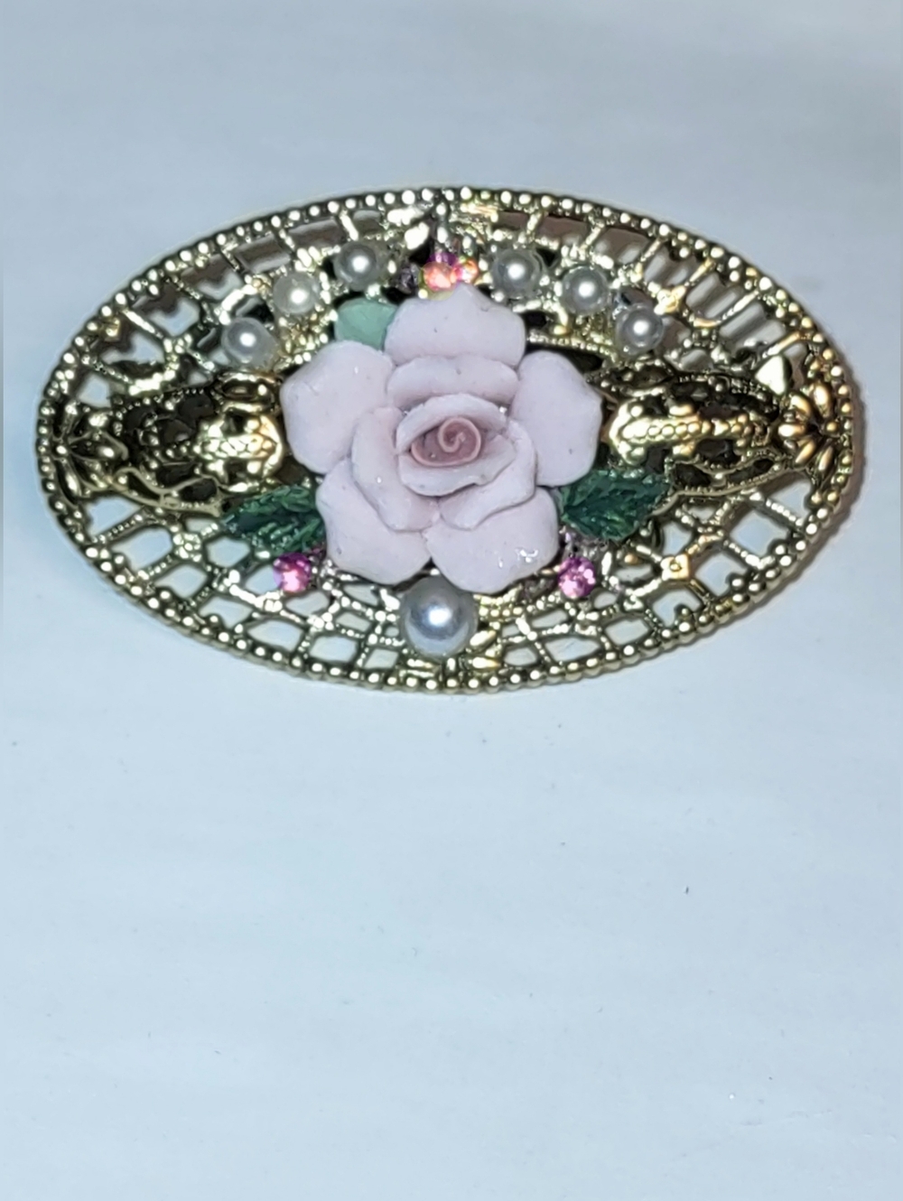 1928 Pink Porcelain Flower Brooch Bar pin Style w/ AB Crystals & Pearls -Copied